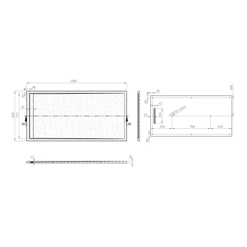 30mm Linear Slate 1600x800mm Rectangular Tray & Waste - White