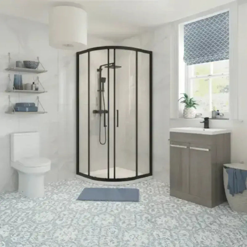 900x900mm Black Quadrant Shower, 2 Door Basin Unit, Toilet, Basin Tap and Shower Mixer Pack