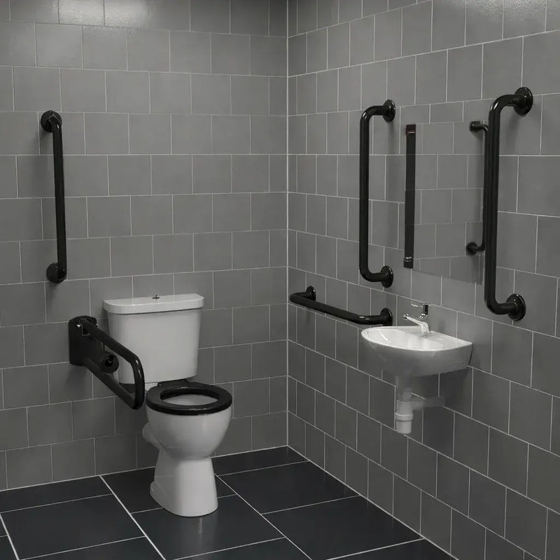 Bathcenterpro Luxury Doc M Pack with Black Grab Rails - Push Button Cistern - Black