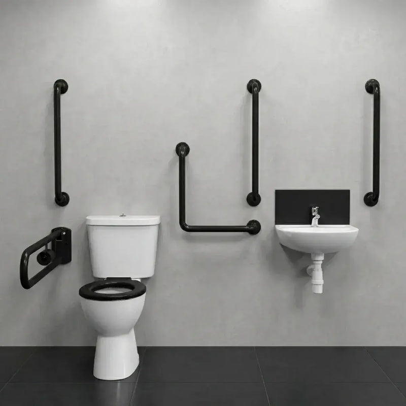 Bathcenterpro Luxury Doc M Pack with Black Grab Rails - Push Button Cistern