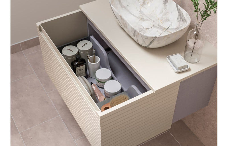 Alight 600mm Wall Hung 1 Drawer Basin Unit & Worktop - Matt Cotton - Fluted Ripple Basin (400mm Round)
