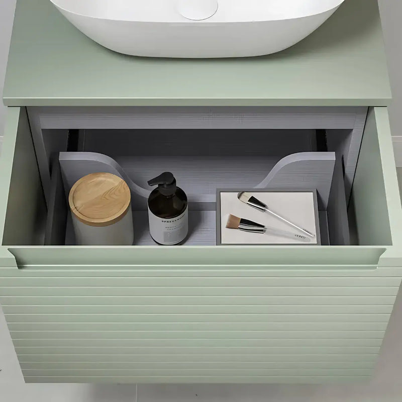 Alight 615mm Fluted 1 Drawer Wall Hung Basin Unit Willow Green
