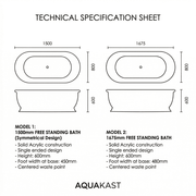 Aquakast Desire Double Ended Freestanding Bath - Stone Resin Reinforced - Integrated Tap Ledge - 1500 x 800mm
