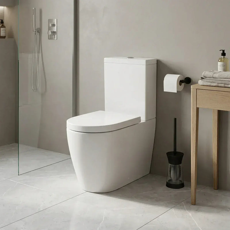 Aquila Close Coupled Toilet Rimless Fully Shrouded and Soft Close Seat, Comfort Height