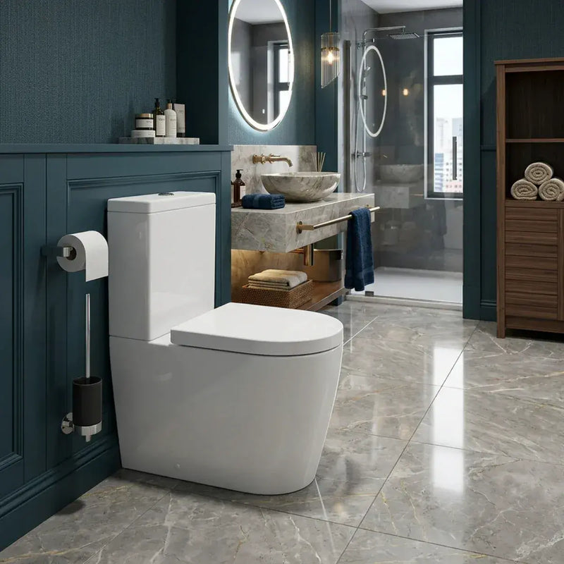 Aquila Close Coupled Toilet Rimless Fully Shrouded and Soft Close Seat, Comfort Height