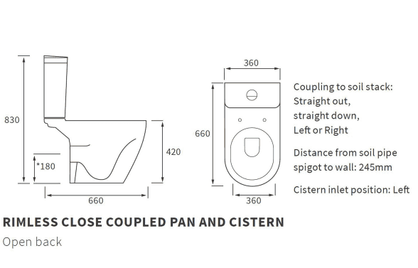 Aquila Close Coupled Toilet Rimless Open Back and Soft Close Seat