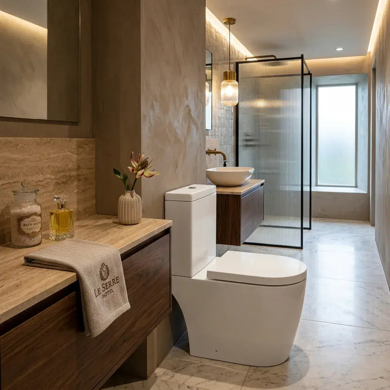 Aquila Close Coupled Toilet Rimless Open Back and Soft Close Seat
