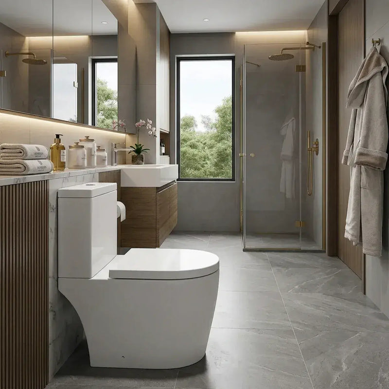 Aquila Close Coupled Toilet Rimless Open Back and Soft Close Seat