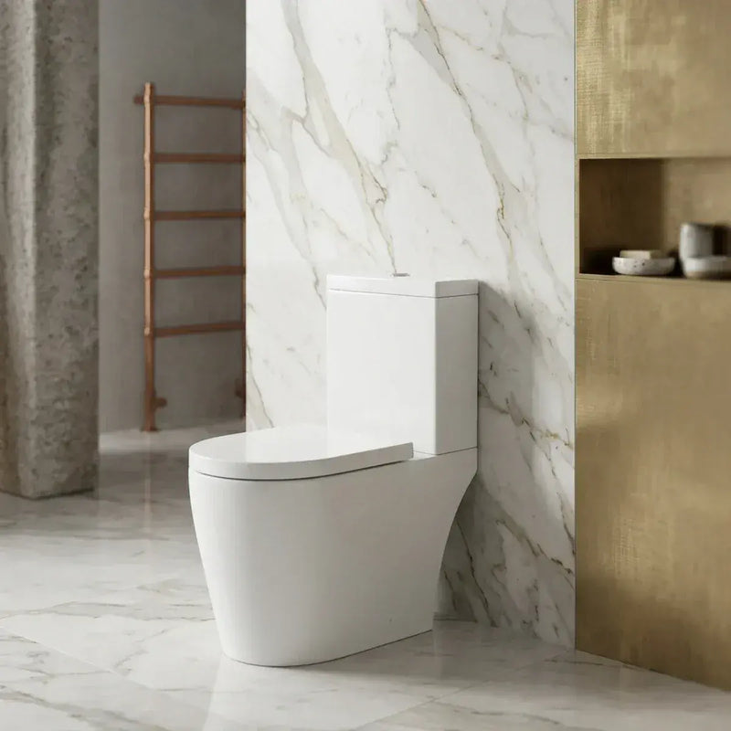 Aquila Close Coupled Toilet Rimless Open Back and Soft Close Seat