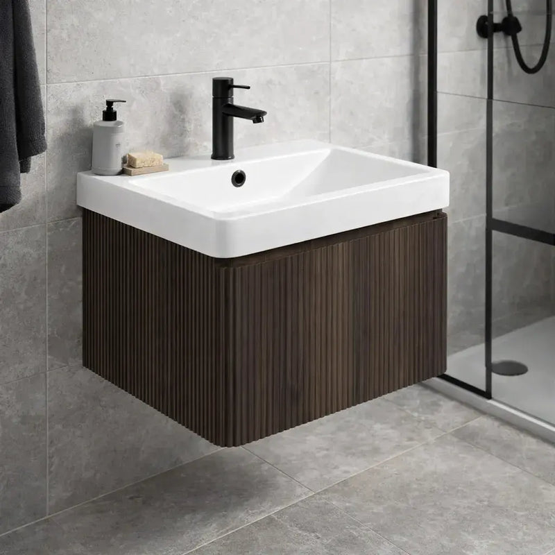 Arden 500mm Wall Hung 1 Drawer Basin Unit & Basin - Textured Walnut