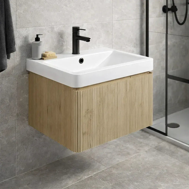 Arden 500mm Wall Hung 1 Drawer Basin Unit & Ceramic Basin - Textured Oak