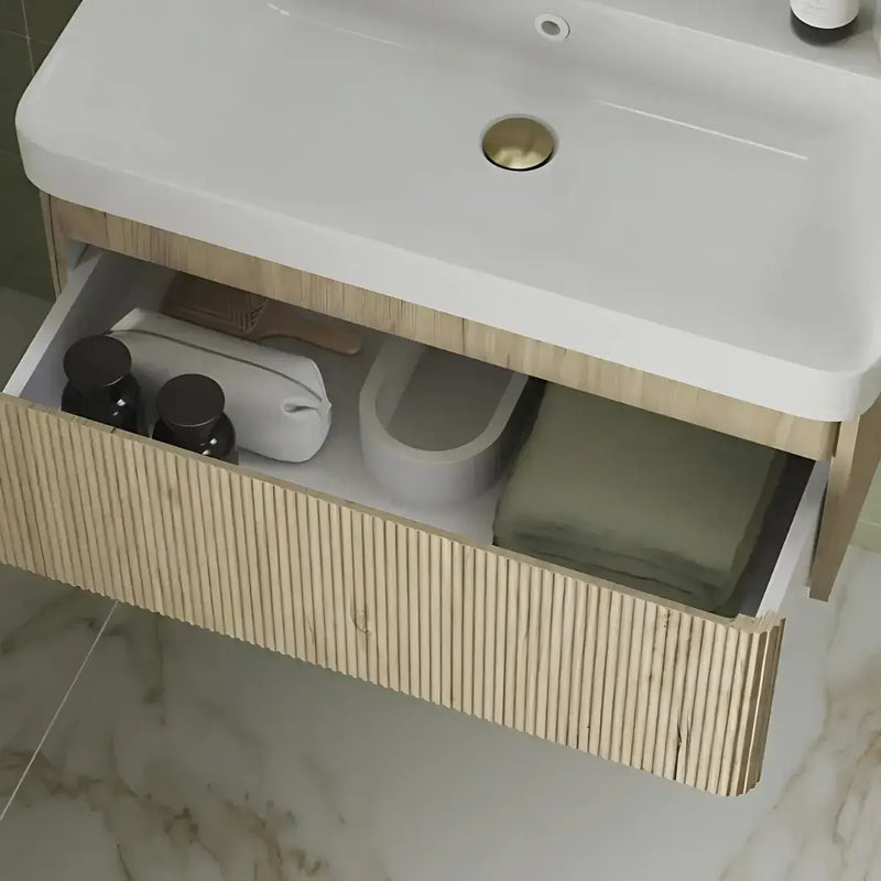 Arden 500mm Wall Hung 1 Drawer Basin Unit & Ceramic Basin - Textured Oak