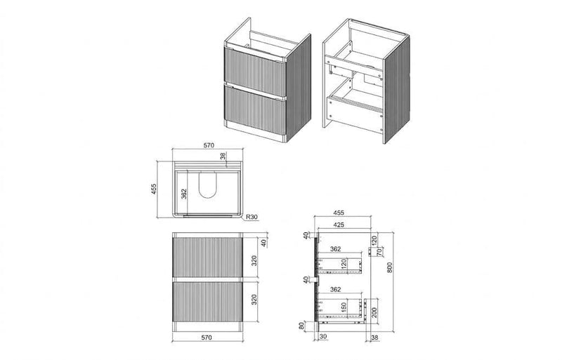 Arden 605mm Floor Standing 2 Drawer Basin Unit & Ceramic Basin - Textured Oak