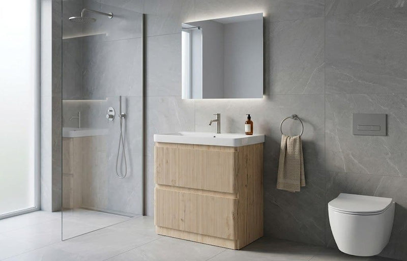 Arden 805mm Floor Standing 2 Drawer Basin Unit & Ceramic Basin - Textured Oak