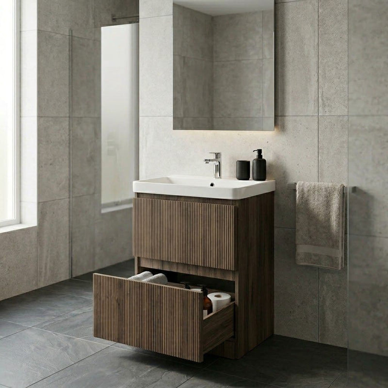 Arden 805mm Floor Standing 2 Drawer Basin Unit & Ceramic Basin - Walnut