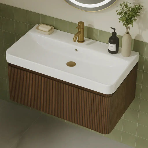 Arden 805mm Wall Hung 1 Drawer Basin Unit & Ceramic Basin - Textured Walnut