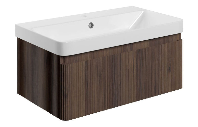 Arden 805mm Wall Hung 1 Drawer Basin Unit & Ceramic Basin - Textured Walnut