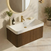 Arden 805mm Wall Hung 1 Drawer Basin Unit & Ceramic Basin - Textured Walnut