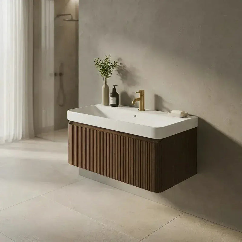 Arden 805mm Wall Hung 1 Drawer Basin Unit & Ceramic Basin - Textured Walnut
