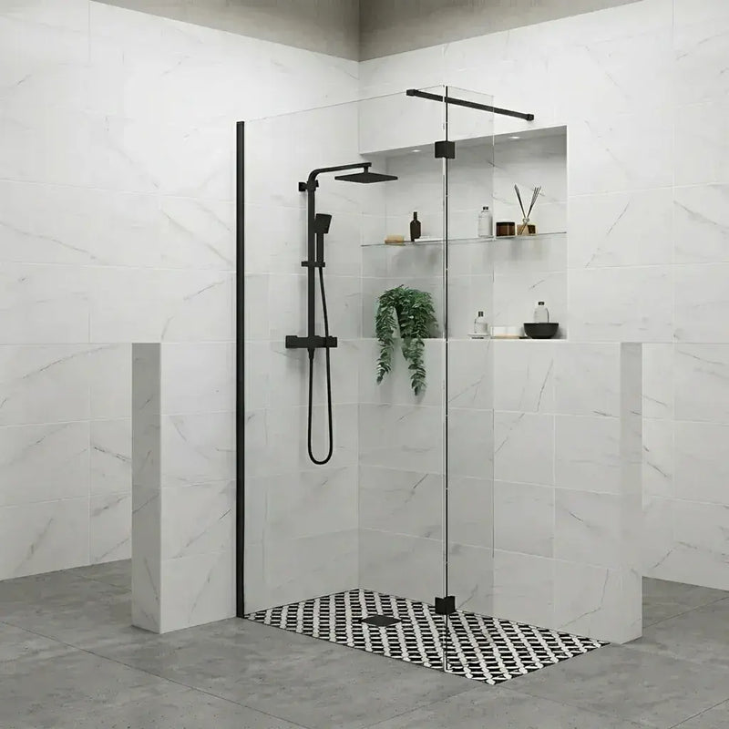 B8 Black Walk in Shower Screen 8mm Glass, Optional Side Panel & Flipper Screen - 1000mm