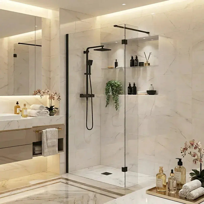 B8 Black Walk in Shower Screen 8mm Glass, Optional Side Panel & Flipper Screen - 1000mm
