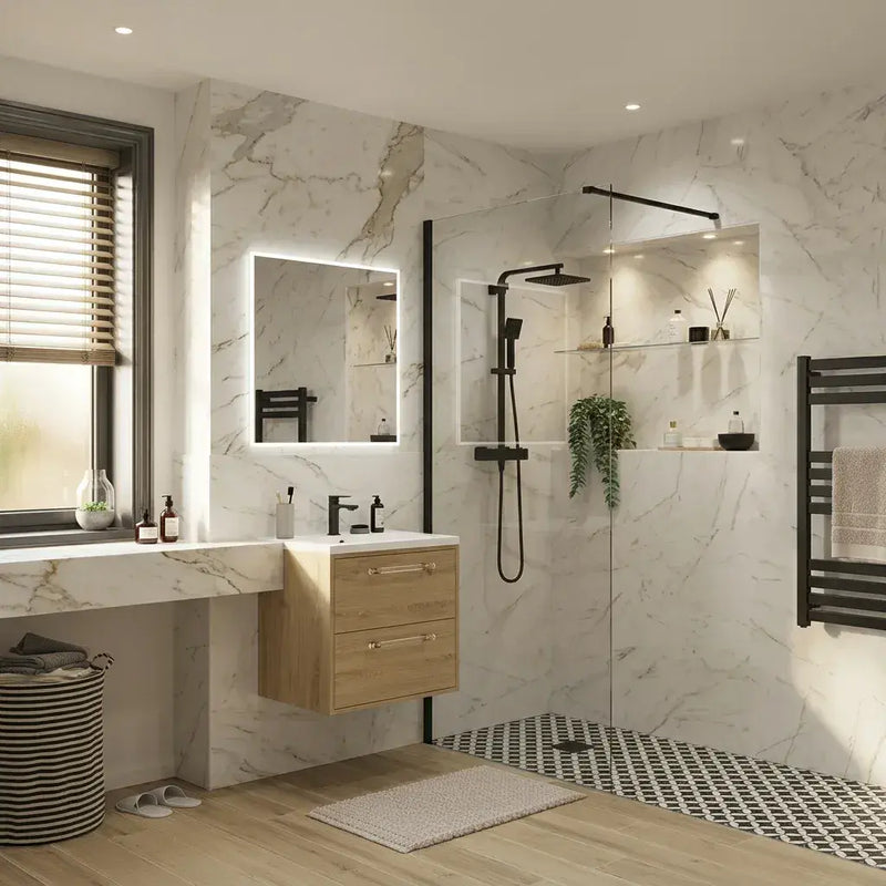 B8 Black Walk in Shower Screen 8mm Glass, Optional Side Panel & Flipper Screen - 500mm