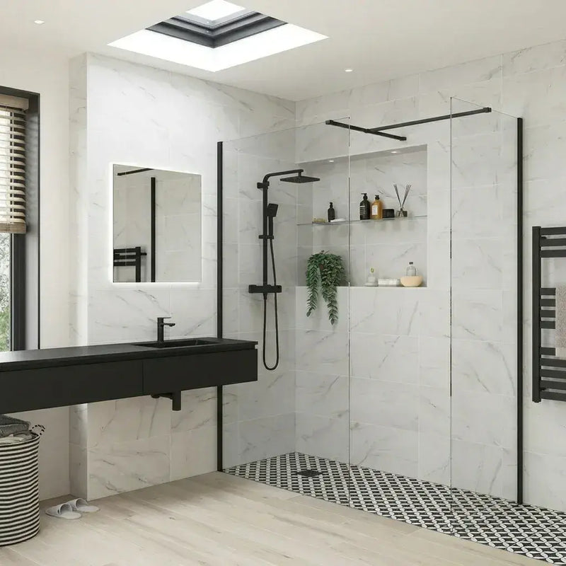 B8 Black Walk in Shower Screen 8mm Glass, Optional Side Panel & Flipper Screen - 1400mm