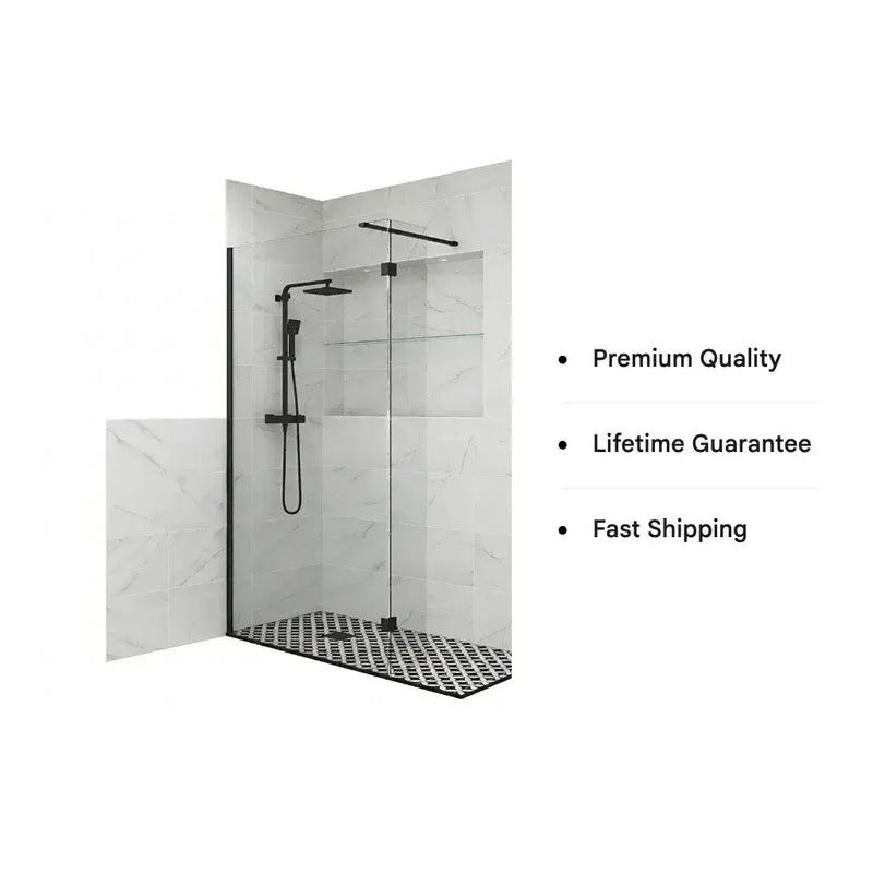 B8 Black Walk in Shower Screen 8mm Glass, Optional Side Panel & Flipper Screen - 500mm