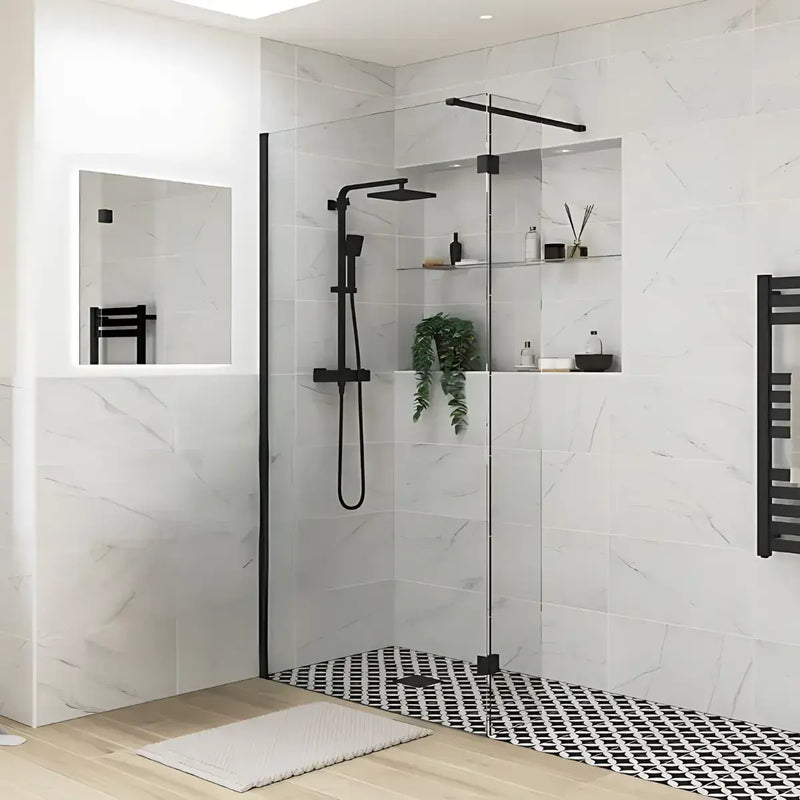 B8 Black Walk in Shower Screen 8mm Glass, Optional Side Panel & Flipper Screen - 500mm