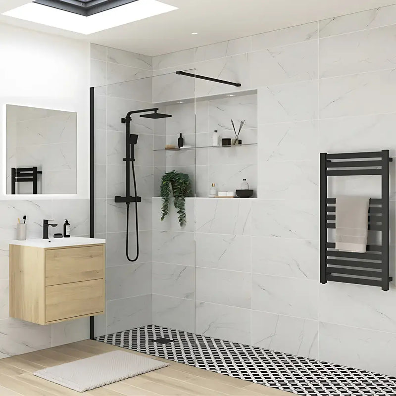 B8 Black Walk in Shower Screen 8mm Glass, Optional Side Panel & Flipper Screen - 760mm