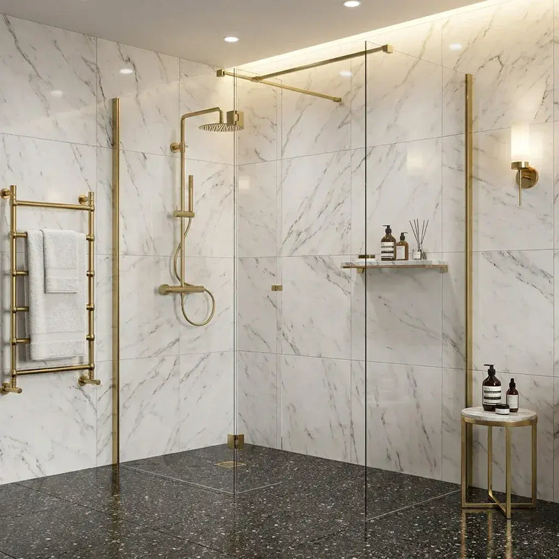B8 Brushed Brass Walk in Shower Screen 8mm Glass, Optional Side Panel - 760mm