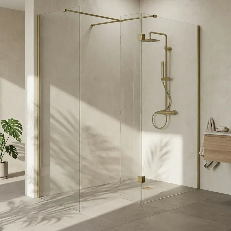 B8 Brushed Brass Walk in Shower Screen 8mm Glass, Optional Side Panel - 900mm