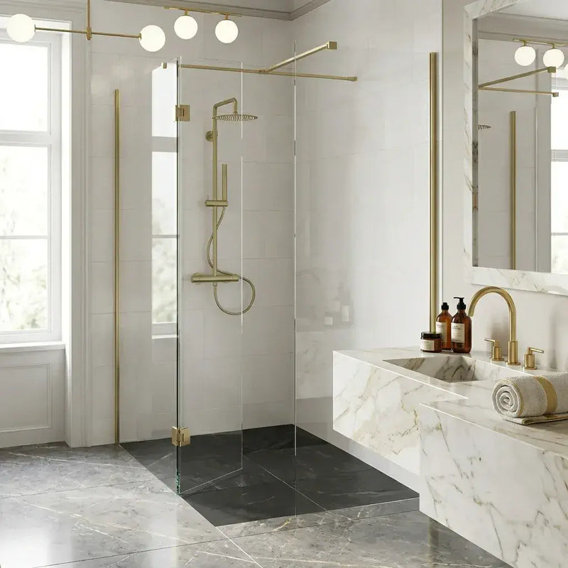 B8 Brushed Brass Walk in Shower Screen 8mm Glass, Optional Side Panel - 1000mm