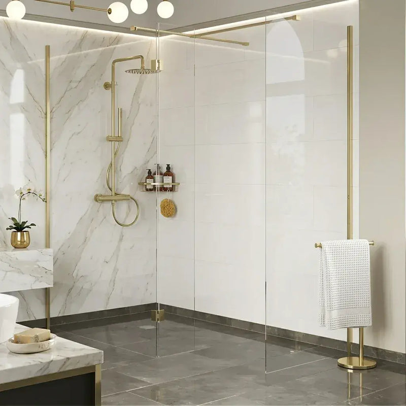 B8 Brushed Brass Walk in Shower Screen 8mm Glass, Optional Side Panel - 900mm
