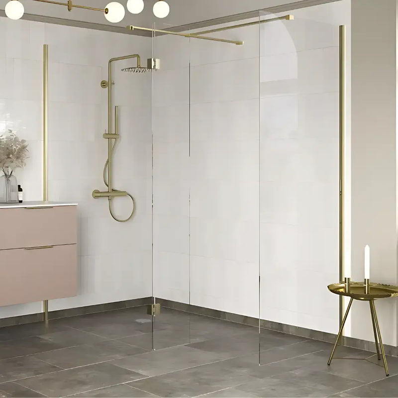 B8 Brushed Brass Walk in Shower Screen 8mm Glass, Optional Side Panel - 760mm