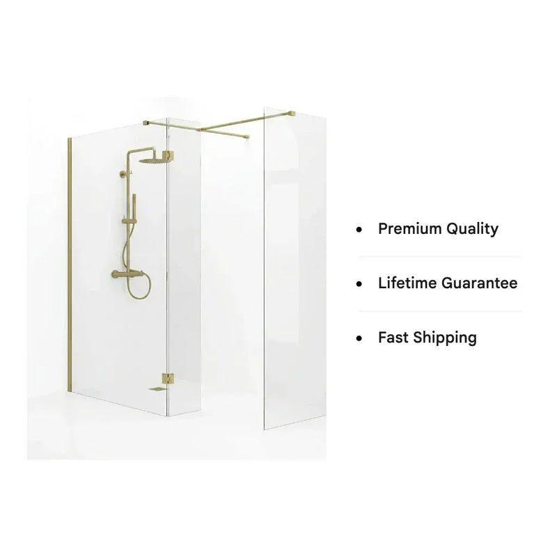 B8 Brushed Brass Walk in Shower Screen 8mm Glass, Optional Side Panel - 760mm