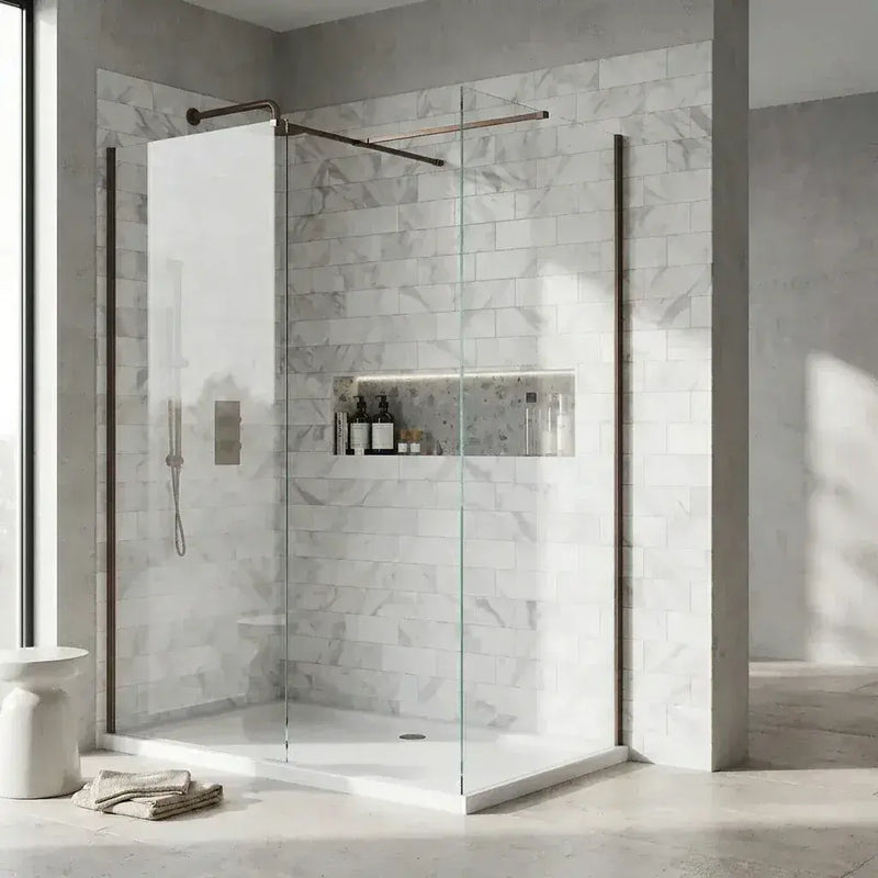 B8 Brushed Bronze Walk in Shower Screen 8mm Glass, Optional Side Panel - 1200mm