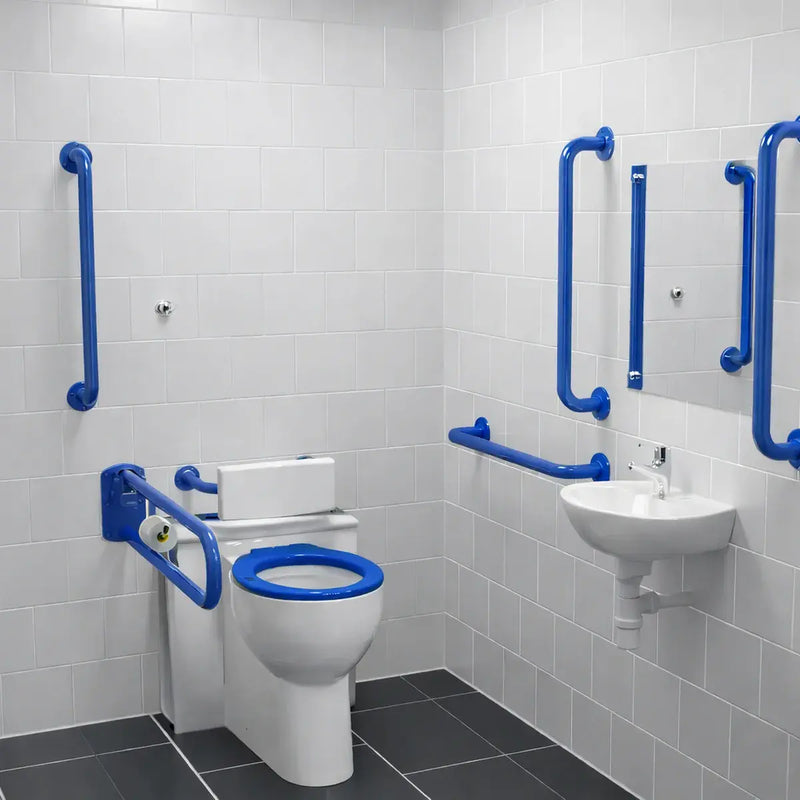 Back To Wall Toilet Doc M Pack with Stainless Steel, Blue, Grey or White Rails - Push Button Cistern