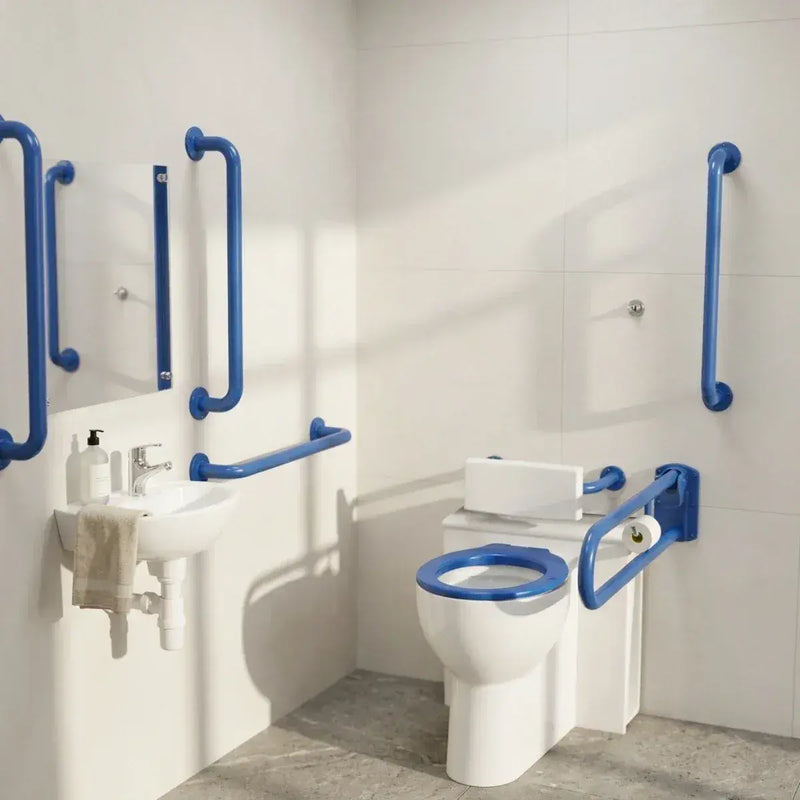 Back To Wall Toilet Doc M Pack with Stainless Steel, Blue, Grey or White Rails - Push Button Cistern