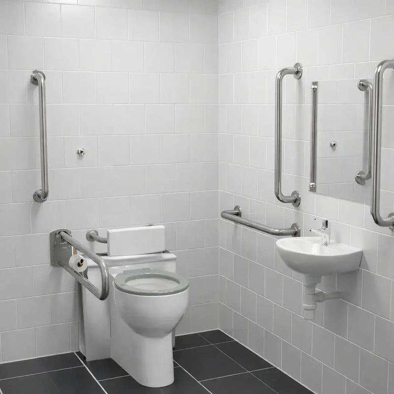 Back To Wall Toilet Doc M Pack with Stainless Steel, Blue, Grey or White Rails - Push Button Cistern - Stainless steel