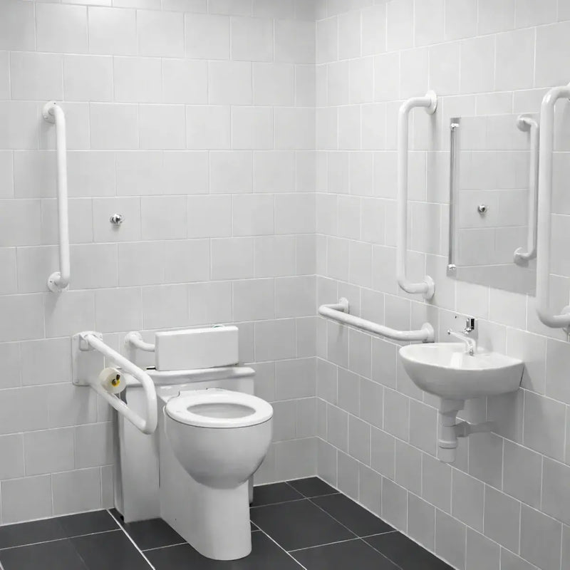 Back To Wall Toilet Doc M Pack with Stainless Steel, Blue, Grey or White Rails - Push Button Cistern - White