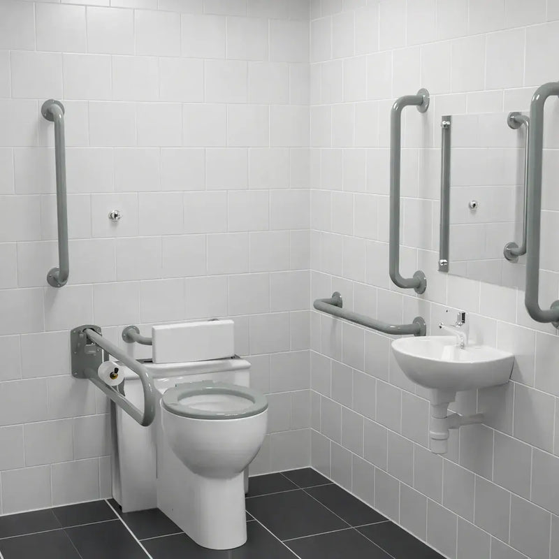 Back To Wall Toilet Doc M Pack with Stainless Steel, Blue, Grey or White Rails - Push Button Cistern - Grey