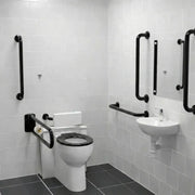Back To Wall Toilet Doc M Pack with Stainless Steel, Blue, Grey or White Rails - Push Button Cistern - Gloss Black