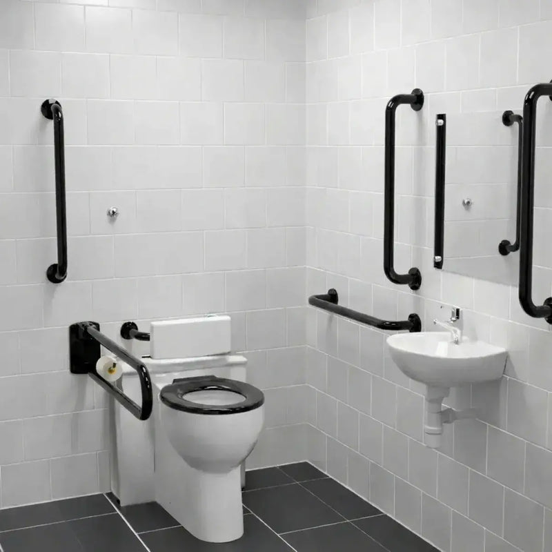 Back To Wall Toilet Doc M Pack with Stainless Steel, Blue, Grey or White Rails - Push Button Cistern - Gloss Black