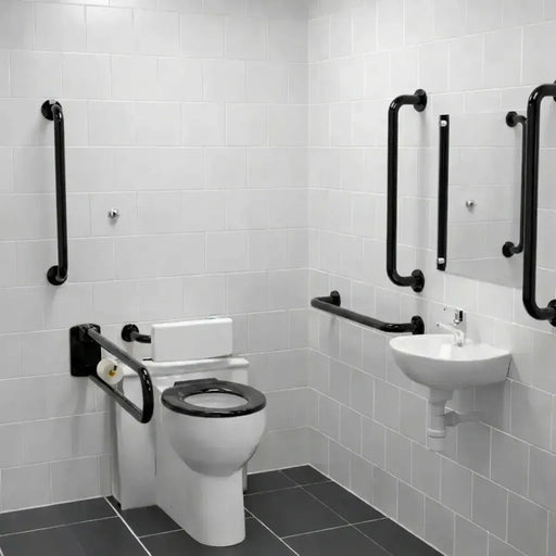 Back To Wall Toilet Doc M Pack with Stainless Steel, Blue, Grey or White Rails - Push Button Cistern - Gloss Black