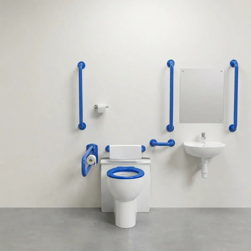 Back To Wall Toilet Doc M Pack with Stainless Steel, Blue, Grey or White Rails - Push Button Cistern