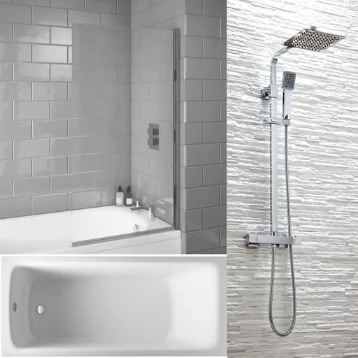Bathcenterpro 1650mm Single Ended Bath, Plain Bath Screen, Roma Square Mixer Shower Set