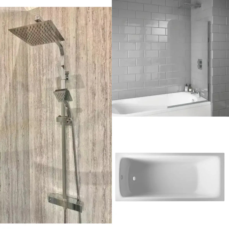 Bathcenterpro 1650mm Single Ended Bath, Plain Bath Screen, Roma Square Mixer Shower Set