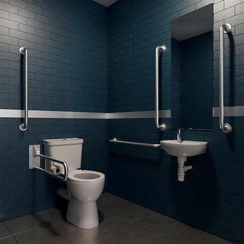Bathcenter Doc M Pack with Stainless Steel, Blue, Grey or White Grab Rails - Push Button Cistern - Stainless steel
