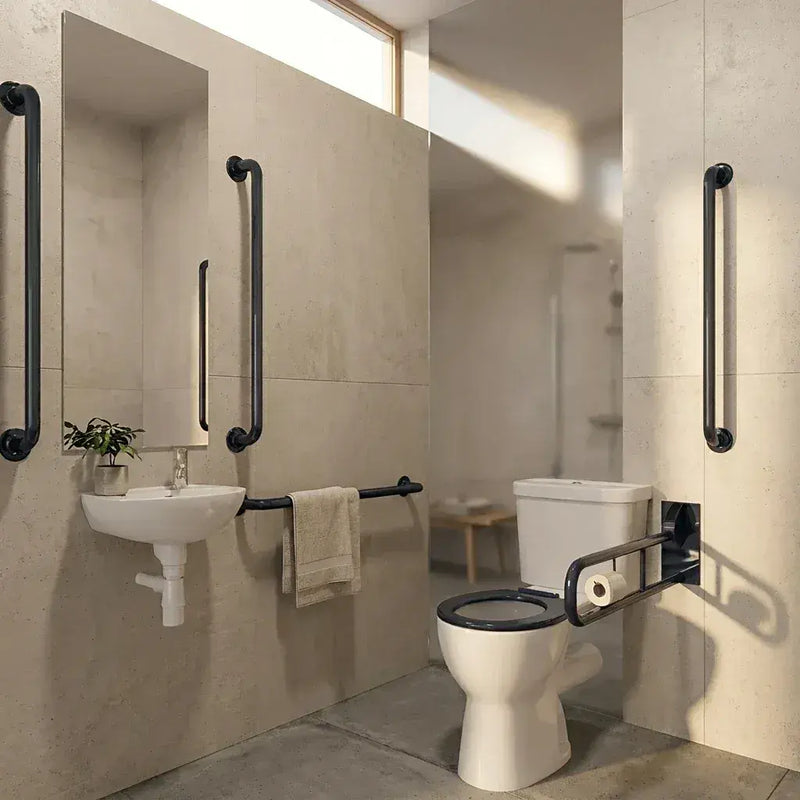 Bathcenter Luxury Doc M Pack with Blue Grab Rails - Push Button Cistern